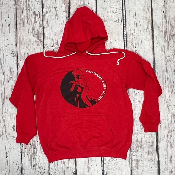 Vintage 80s Baltimore Blues Society Hoodie Red Pullover 1980s Sweatshirt - Picture 1 of 6
